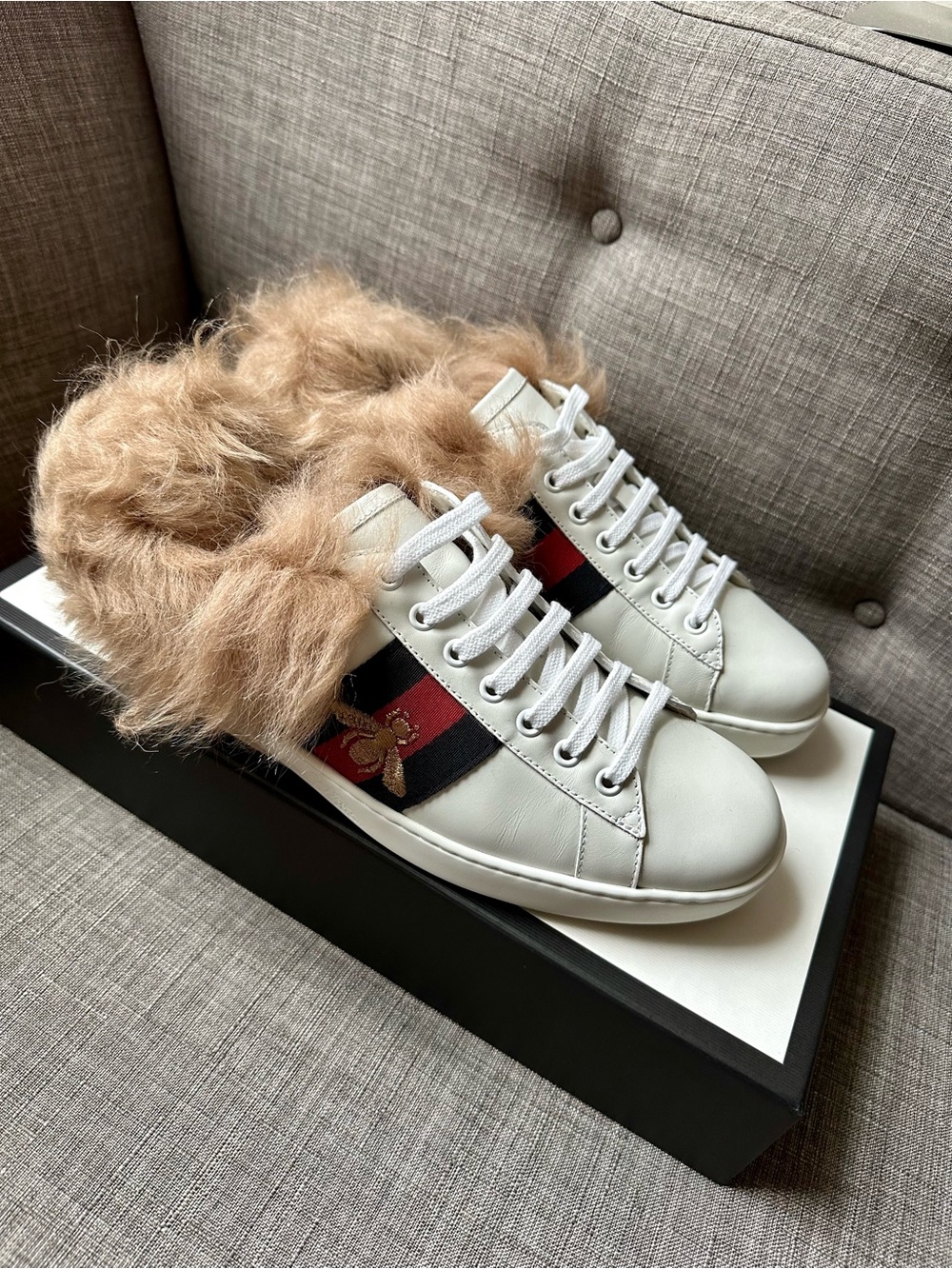 Gucci Ace White Leather Fur-Lined Sneakers with Red and Blue Stripe